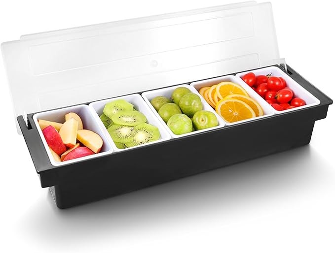 WICHEMI Fruit, Veggie & Condiment Caddy with Lid Dispenser Tray Plastic Garnish Station for Bartending & Serving Taco, Ice Cream, Salad Bar - Topping Organizer for Restaurant Supplies (5 Compartment)