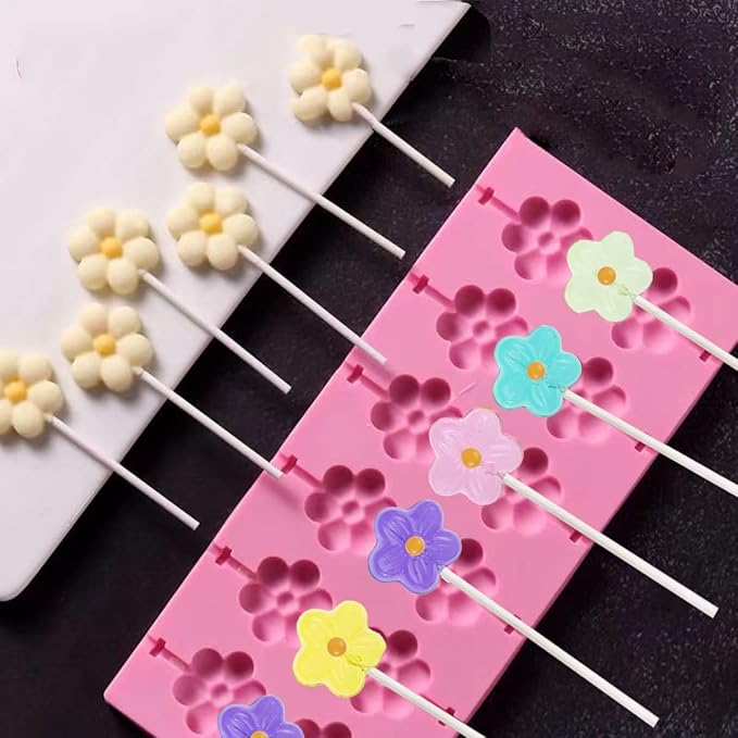 12 Capacity Silicone Lollipop Mold Set, Sucker Molds and Chocolate Hard Candy Mold with 50pcs Lollipop Sucker Sticks, Candy Treat Bags, Gold Ties. (Flower)