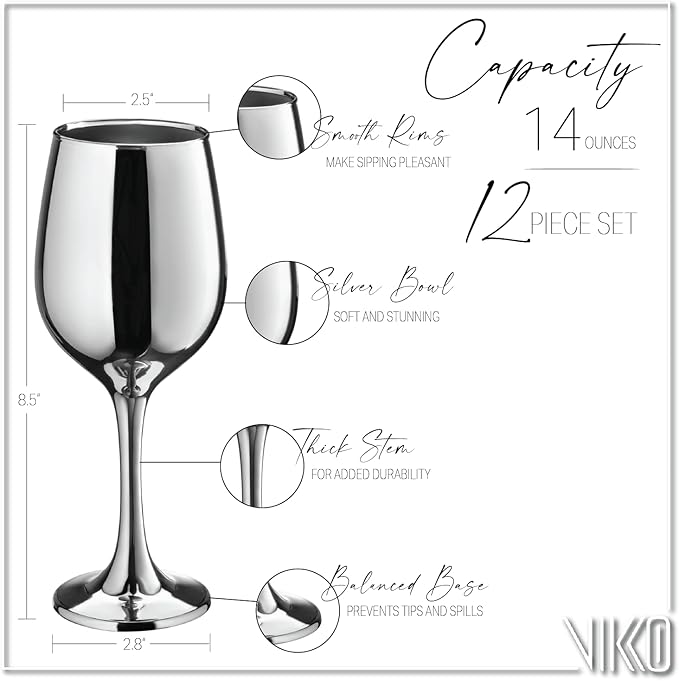 Vikko Décor Wine Glasse, 14 Oz Fancy Wine Glass With Stem For Red And White Wine, Thick And Durable Wine Glass, Dishwasher Safe, Great For Wine Tasting, Set Of 12