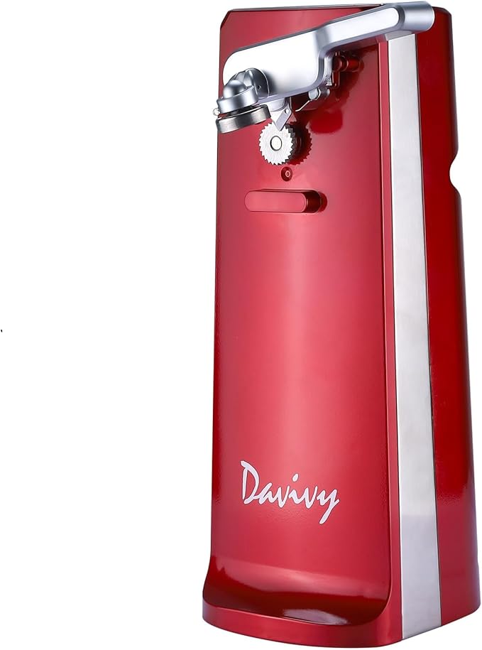 Davivy Electric Can Opener for One Touch Lid Opening,Removable Stainless Steel Cutter and 3- in-1 Design with Knife Sharpener and Bottle Opener, Red