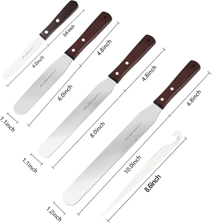 4PCS Cake Decorating Icing Spatula set with 4, 6, 8 & 10 Inch Stainless Steel Blade, Wood Handle Frosting Spatulas and Cake Stripping Tool (Straight Spatulas 4, 6, 8 & 10 Inch)