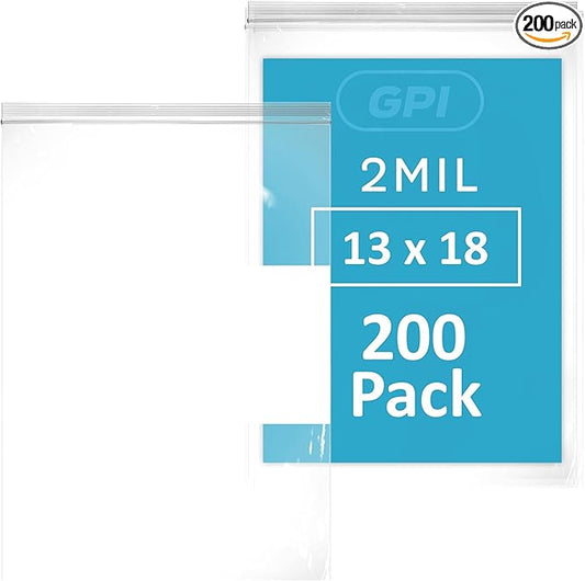 13" x 18" Extra-Large Zip Bags, 2 Mil Thick Clear Plastic Reclosable Zipper Lock Bags with Write-on White Block, with Resealable Zip Top Lock for Food Storage & Office Supplies, 200 Count