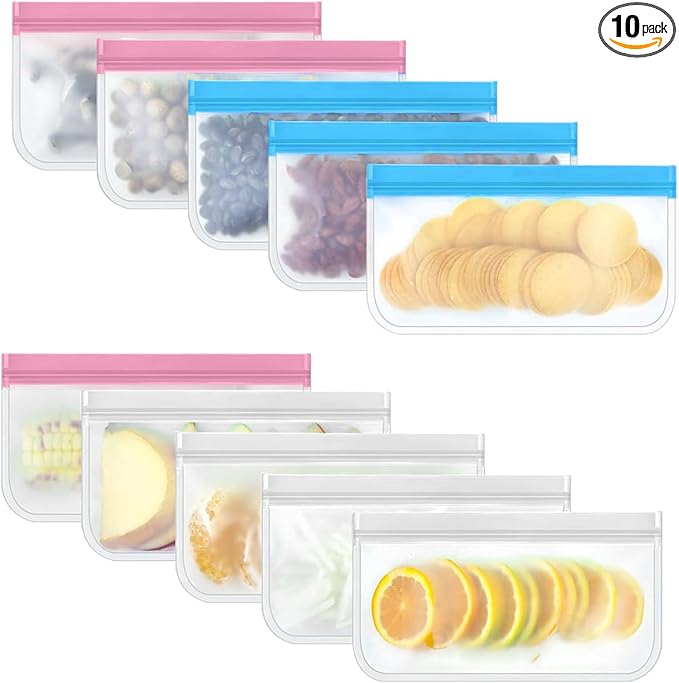 10 Pack Snack Bags Dishwasher Safe, Reusable Bags Silicone Extra Thick Leak-proof Reusable Freezer Bags for Candy, Snack, Cereal, Travel Items, Home Organization