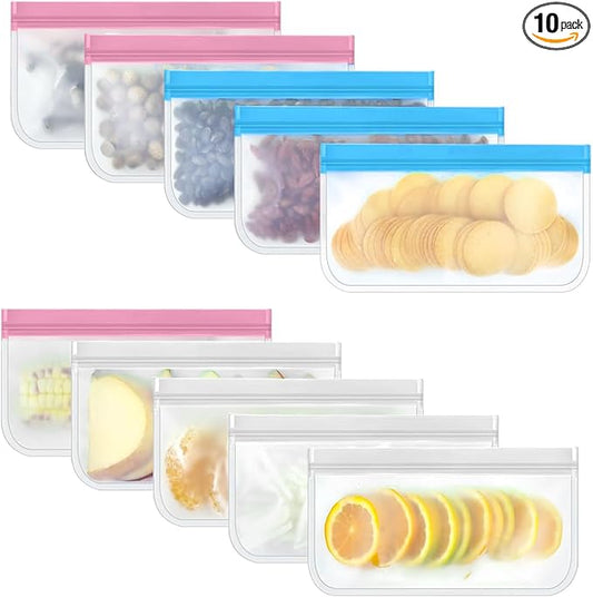 10 Pack Snack Bags Dishwasher Safe, Reusable Bags Silicone Extra Thick Leak-proof Reusable Freezer Bags for Candy, Snack, Cereal, Travel Items, Home Organization