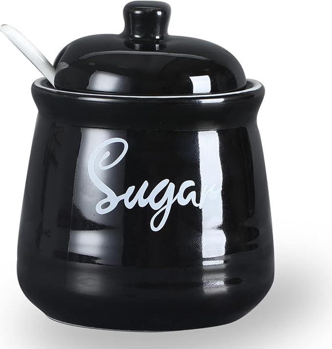 HAOTOP Farmhouse Porcelain Sugar Bowl with Lid and Spoon 12oz,Easy to Clean (Black)