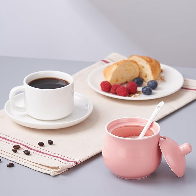 Ceramic Sugar Bowl with Lid and Spoon, Pink Porcelain Sugar Salt Pepper Storage Jar, 8 Ounces