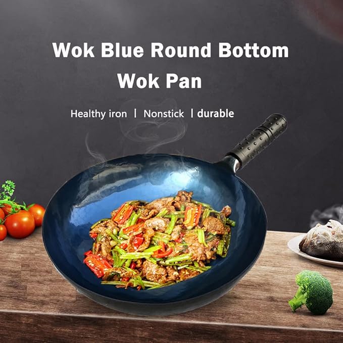 shuoguoleilei Chinese Hand Hammered Iron Woks Set, Non-stick No Coating Preseasoned Wok Blue Round Bottom Wok Pan For Electric, Induction and Gas Stoves （Blue Black-13）