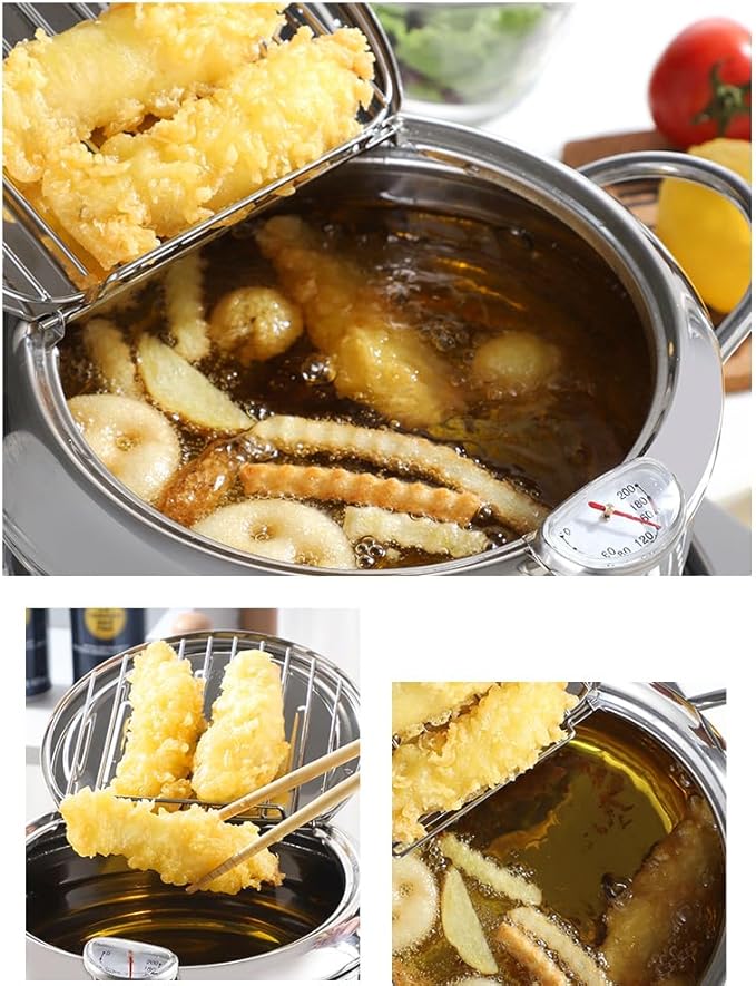 Deep Fryer Pot, Japanese Style Tempura Deep Fryer Frying Pot With Thermometer, Lid, Oil Drip Drainer Rack for French Fries Fish Shrimp Chicken 7.9 Inch/2.2 L 304 Stainless Steel Gifts