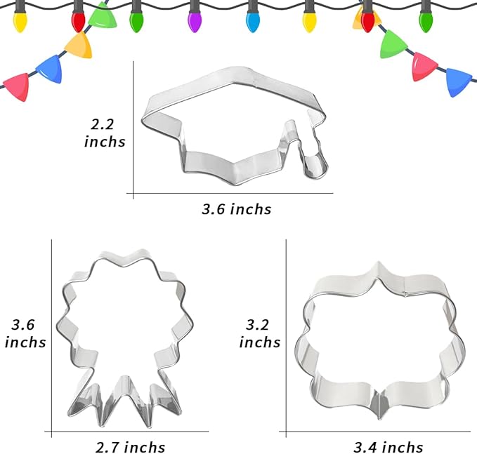 Graduation Cookie Cutters 6Pcs, Cap Gown Diploma Frame Medallion Shapes Cookie Cutter Mold, 304 Stainless Steel Biscuit Dough Fondant Cutters for Celebration Kitchen Baking