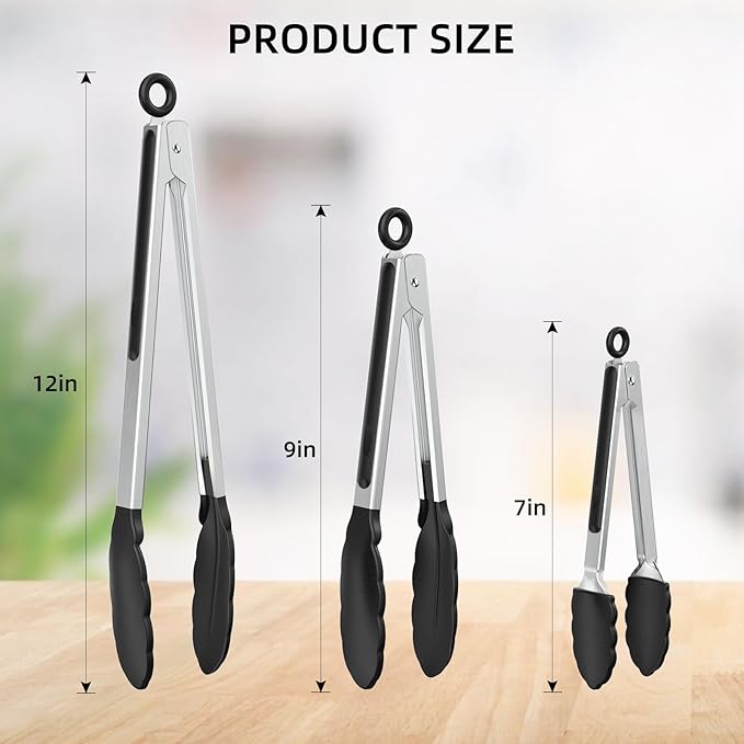 NileHome Tongs for Cooking, Professional Stainless Steel Cooking Tongs – Heat-Resistant for Grilling, BBQ, Serving Salad, Pasta, and Kitchen Use, Dishwasher Safe, Set of 7" 9" 12", Black