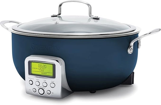 GreenPan Elite Essential Smart Electric 6QT Skillet Pot, Presets to Sear Saute Stir-Fry and Cook Rice, Healthy Ceramic Nonstick and Dishwasher Safe Parts, Easy-to-use LED Display, Oxford Blue