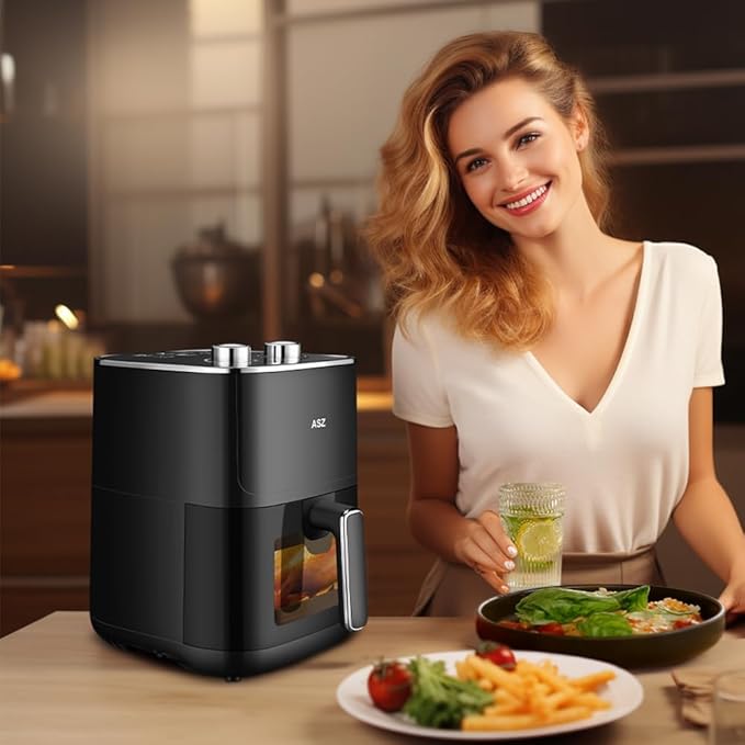 ASZ 5qt Air Fryer Compact Knob Black for dorm office - 4.7L Airfryer with Window 1400W Visual Basket - Non-Stick Pan, Manuel Control Max 60s Timer & 400℉ Kitchen Airfry Countertop Gift