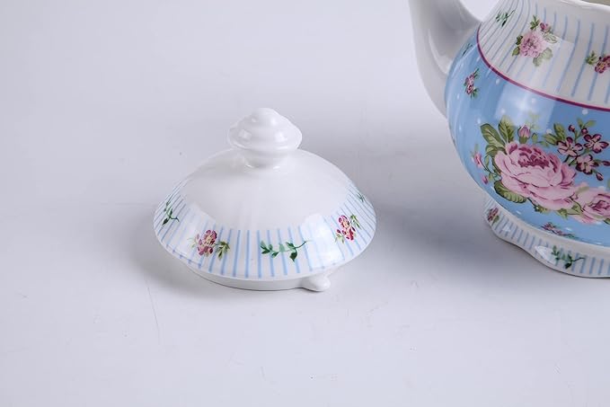 London Boutique Porcelain Teapot Sugar Bowl and Cream Milk Jug Shabby Chic Vintage Floral in Gift box 40oz (Cream & Sugar Set Rose Blue)