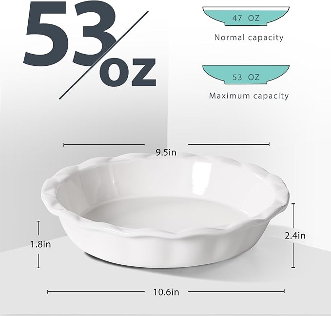 Lareina Ceramic Pie Pans for Baking, 9 Inch Deep dish pie plates with Ruffled Edge for Apple Pie, Durable Pie Dish, Non-Stick, Oven & Dishwasher Safe, Set of 2, White