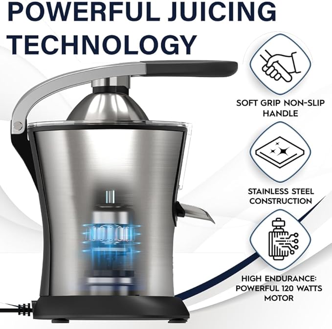 Eurolux Premium Electric Orange Juicer | Stainless Steel Citrus Squeezer With New Ultra-Powerful Motor and Soft Grip Handle for Effortless Juicing, Auto Shutoff, Dishwasher-safe Parts, Pulp Control