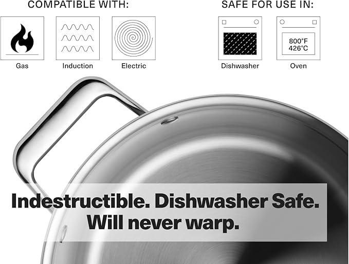 Misen 5-Ply Stainless Steel Stockpot – Large Cooking Pot for Boiling, Simmering & Stewing - Consistent, Even Heating - Durable, Dishwasher Safe – Oven-Safe to 800F, Induction Ready - 8 QT