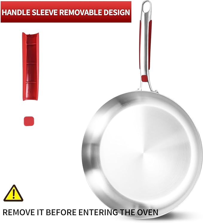 Inqibee 10 Inch Tri-Ply Stainless Steel Frying Pan with Lid,Skillet,Induction Cooking Pan,Heavy Duty and Dishwasher Safe,Detachable Handle