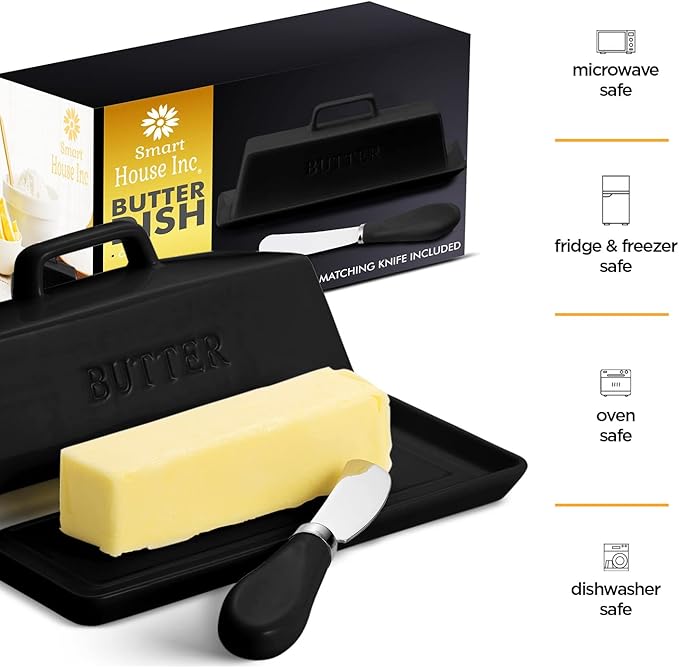 Ceramic Butter Dish Set with Lid and Knife - [Black]- Decorative Butter Stick Holder with Handle for 1 Stick of Butter - Microwave Safe, Dishwasher Safe - Anti-Scratch Stickers Included.