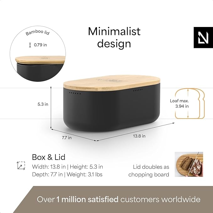 LARS NYSØM Bread Box I Metal Box with linen bag for long lasting freshness I Bread Bin with bamboo lid usable as cutting board I 14.2x7.5x5.1 In (Carbon Black)