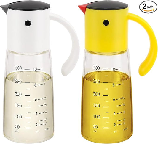 Vucchini Olive Oil Dispenser Bottle for Kitchen Cooking 10 oz - Auto Flip Vinegar Dispenser Container- Leakproof Glass Cruet with Non-Drip Spout Dispenser (white and yellow)