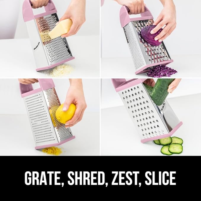 GORILLA GRIP 4-Sided 100% BPA-Free Cheese Grater With Container, Stainless Steel XL Box Graters, Parmesan Shredder, Grate Cheeses, Shred Veggies, Slip Resistant Handle, Dishwasher Safe Zester, Pink