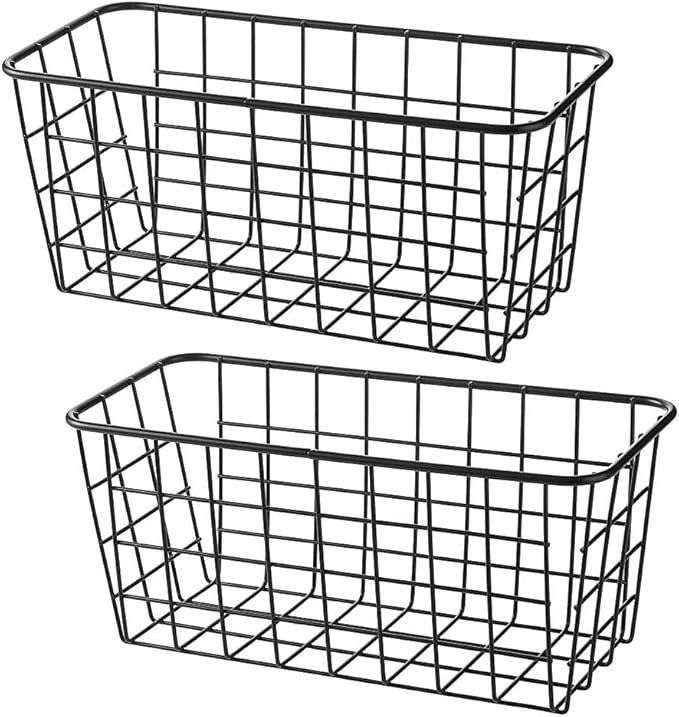 LeleCAT Small Wire Stroage Baskets, Wire Baskets for Kitchen Cabinets, Pantry, mall bags of tea and seasoning packets, Bathroom, Black, 2 Pack