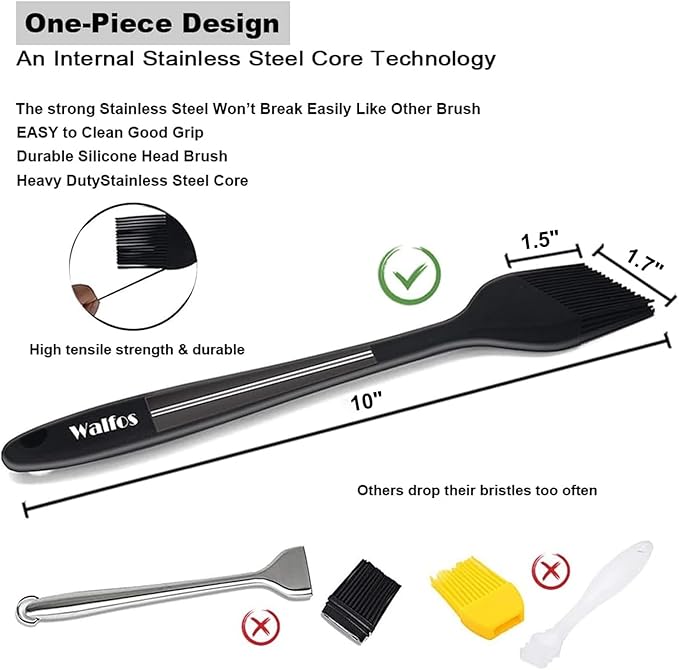 Walfos Silicone Basting Pastry Brush, Heat Resistant Pastry Brush, Perfect for Oil Butter BBQ Grill Baking Kitchen Cooking, Strong Steel Core and One-Pieces Design, BPA Free and Dishwasher safe (10")