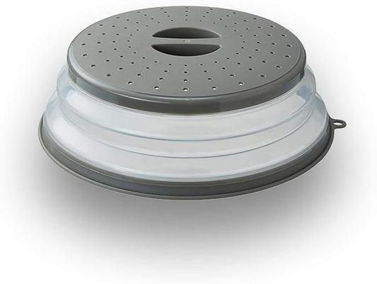 WENWELL Vented Collapsible Microwave Splatter Cover for Food,Kitchen dish bowl Plate lid Can be Hung,Dishwasher-Safe,Fruit Drainer Basket,BPA-Free Silicone & Plastic,gray