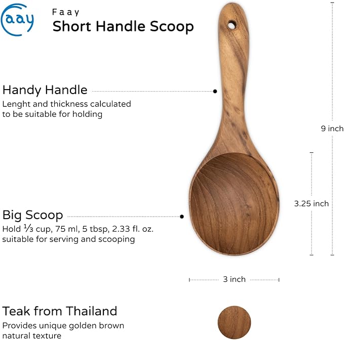FAAY Short Handle Ladle, Eco Friendly Wooden Kitchen Tool, Hand Carved Unique Grain Server Gravy Ladle