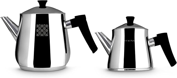 Serenk Stainless Steel Turkish Teapot Set, Double Kettle Set with Non-Slip Bakelite Handles, 101 Oz Black
