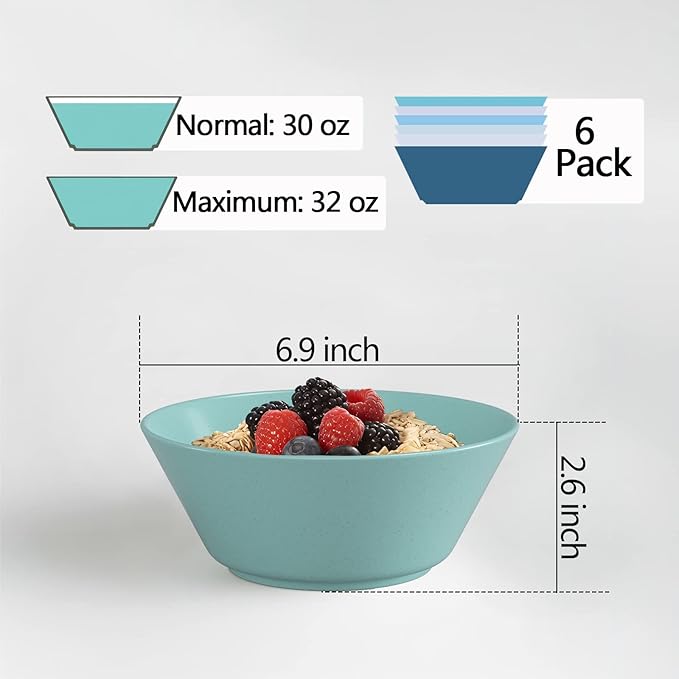 32 Ounce Cereal Bowls, Unbreakable Wheat Straw Fiber Bowl, Lightweight Kitchen Bowls Microwave & Dishwasher Safe BPA Free Bowls, E-Co Friendly Bowls Set for Cereal, Salad,Oatmeal, Soup,Snacks -6 Color