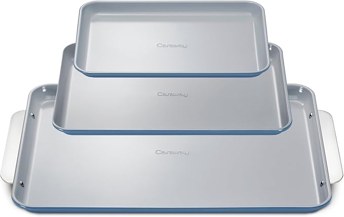 Caraway Non-Stick Ceramic Baking Sheet Trio - Naturally Slick Ceramic Coating - Non-Toxic, PTFE & PFOA Free - 18 x 13" Large, 15 x 10" Medium, & 9" x 13" Small - Slate