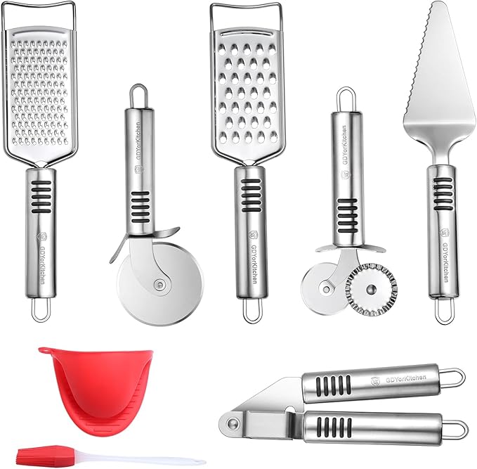 Pizza Cutter Set Stainless Steel Kitchen Gadget Set (6 PCS Set) - Includes Pizza Cutter Wheel, Chocolate & Cheese Grater, Serrated Pie & Cake Server, Garlic Press, Free Brush and Bonus Oven Mitt