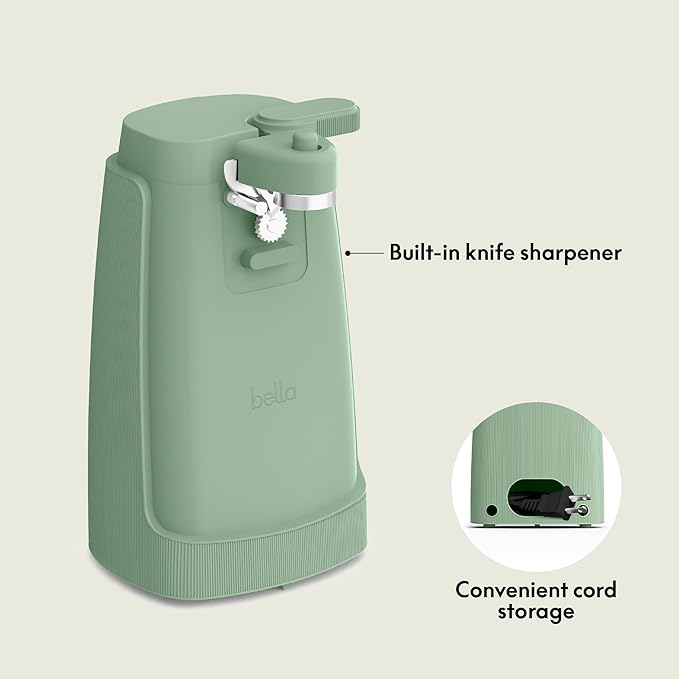 bella Electric Can Opener and Knife Sharpener, Multifunctional Jar and Bottle Opener with Removable Cutting Lever and Cord Storage, Stainless Steel Blade, Seaglass