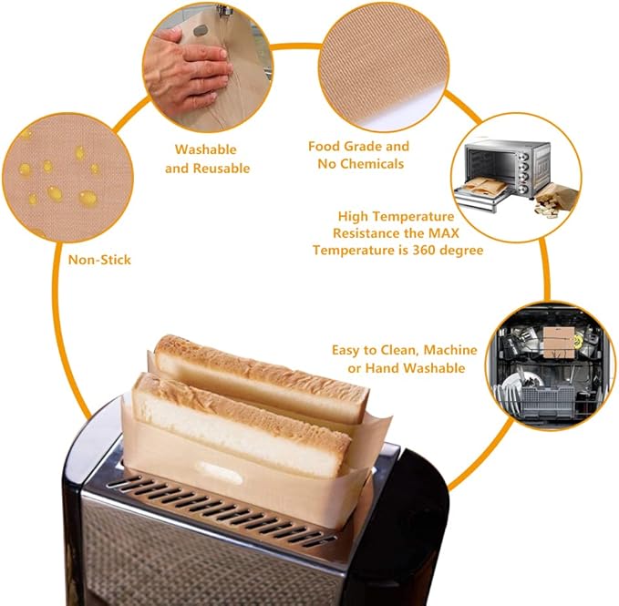 Toaster Bags Reusable for Grilled Cheese Sandwiches | Safest On The Market - 100% BPA & Gluten Free | Non Stick Toast Bag (4PCS)