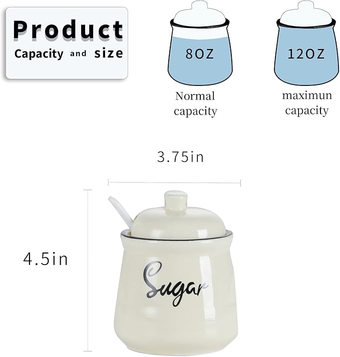 HAOTOP Farmhouse Porcelain Sugar Bowl with Lid and Spoon 12oz,Easy to Clean (Beige)