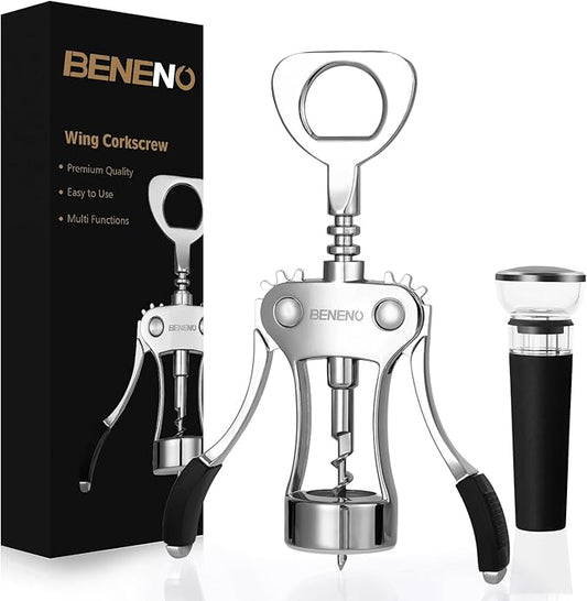 Beneno Wine Opener with Silicone Leak Proof Wine Vacuum Stopper, Zinc Alloy Premium Wing Corkscrew with Multifunctional Bottles Opener, Upgrade