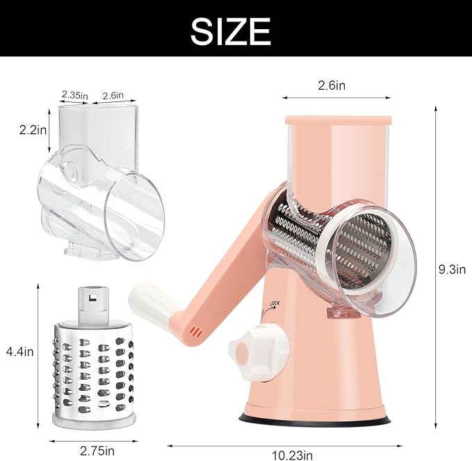 Cambom Rotary Cheese Grater Hand Crank Cheese Shredder for Fresh Cheese, Vegetable, Nuts,Non-slip Suction Base, Free Cleaning Brush Three Blades, Pink