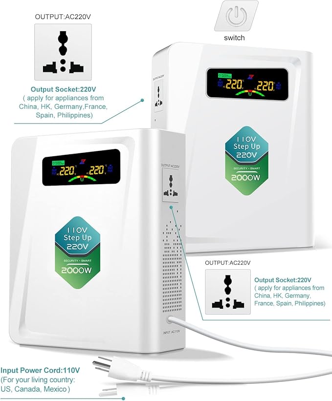 120v to 240v Step Up Transformer 1000W, 110v to 220v Power Voltage Converters, No Noise, Ten Protection Functions, Suit for Coffee Machines, Rice Cookers and Other Appliances