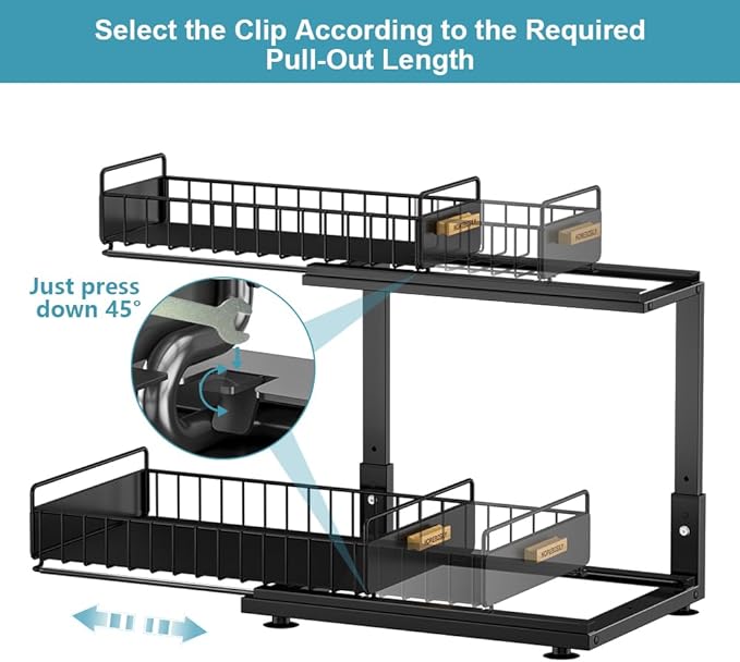 Under Sink Organizer, Pull Out Kitchen Cabinet Organizer, 2-Tier Metal Under Sink Organizers and Storage Height-Adjustable, Kitchen Bathroom Organizers and Storage Shelves, Black
