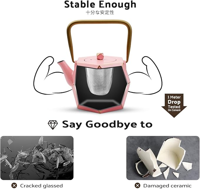 Toptier Cast Iron Teapot, Stovetop Safe Japanese Cast Iron Tea Kettle, Diamond Design Tea Pot with Removable Infuser for Loose Tea, 40 Ounce (1200 ml), Pink