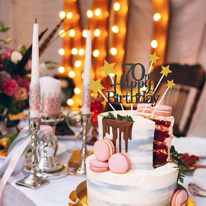 Glittery 70th Happy Birthday Cake Topper with Star,Personalised 70 Birthday Cake Toppers Party Decorations Party Supplies for Men Women Black Gold