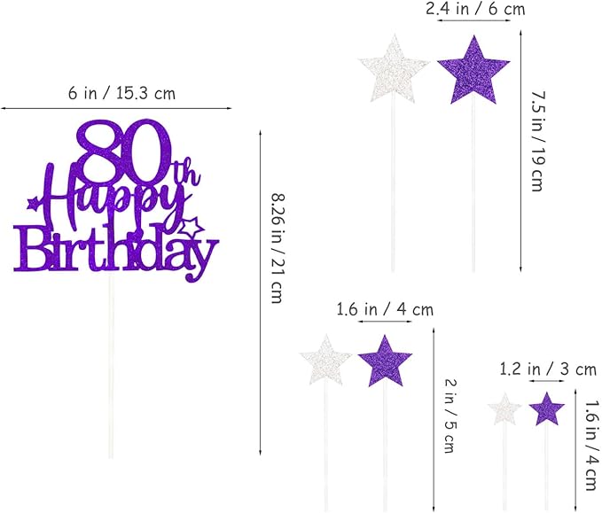 Glittery 80th Happy Birthday Cake Topper with Star,Personalised 80 Birthday Cake Toppers Party Decorations Party Supplies for Men Women Purple Silver