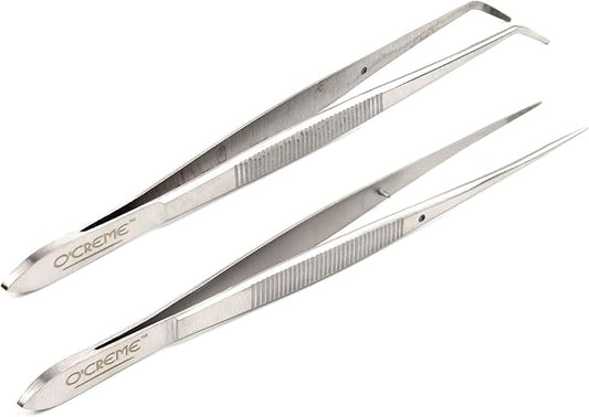 O'Creme Stainless Steel Precision Kitchen Culinary Fine-Tip Tweezer Tongs, 1 Curved and 1 Straight