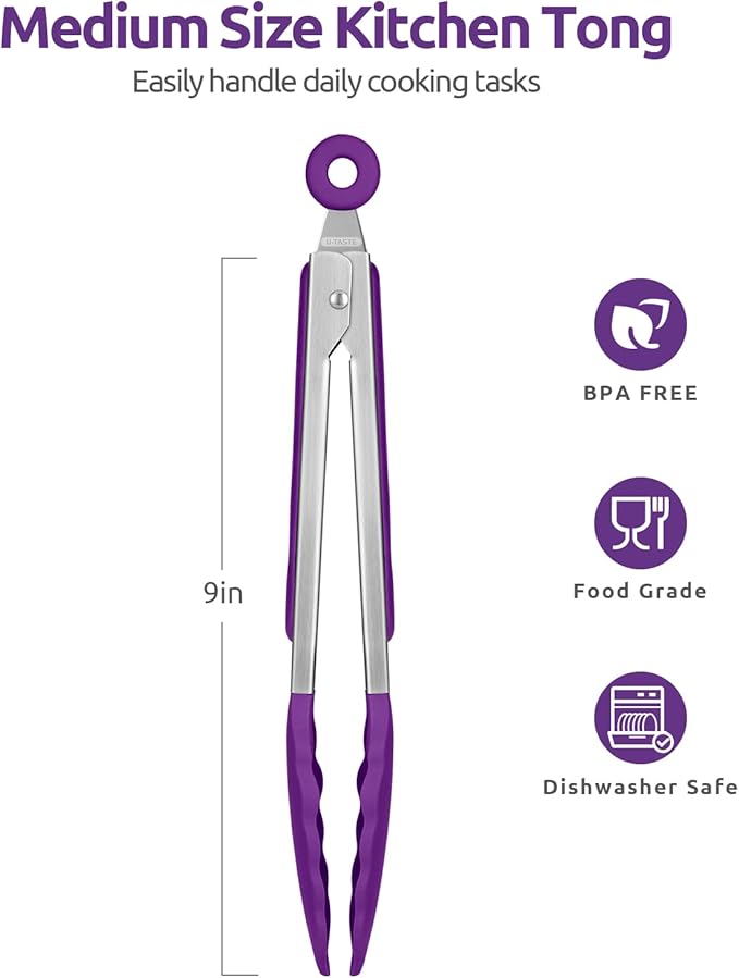 Heat Resistant Silicone Kitchen Tong: U-Taste 9 inch 480ºF Hot Proof Cooking Tong with Firm Sealed Non Stick Rubber Tips & Silicon Coated Steel Handle & Smooth Locking for Serving Grill Salad (Purple)