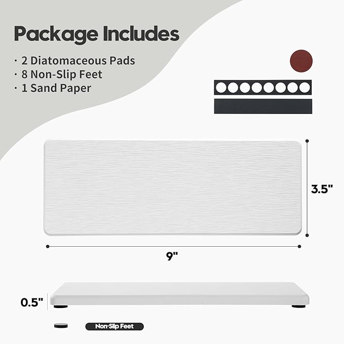 2PCS Bathroom Sink Trays, Water Absorbing Diatomite Stone Quick Drying Mat for Kitchen Counter, Dish Rack Soap Dispenser Sponge Holder Caddy Vanity Organizer, White, 9"x3.5"