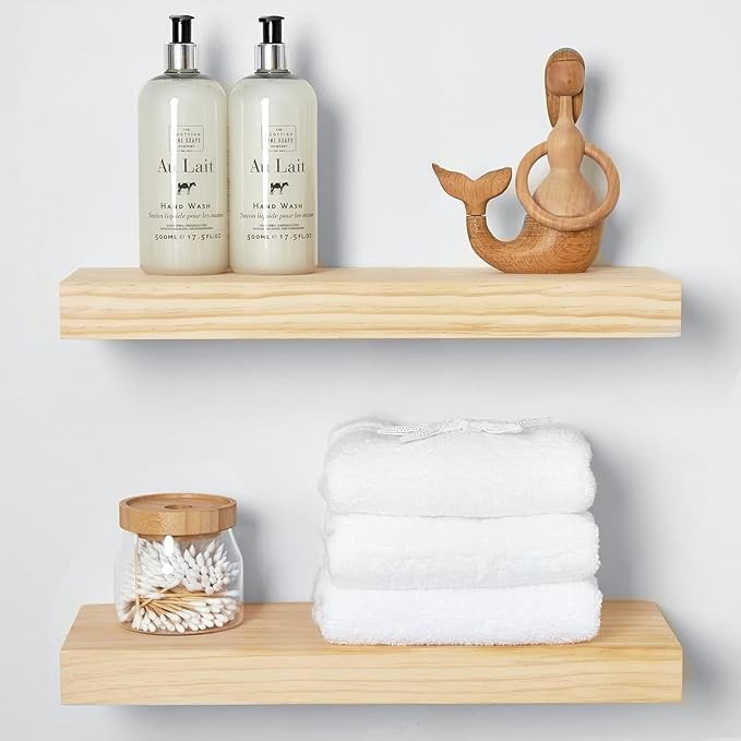 Homeforia 18 inch Wood Floating Shelves, High End Solid Natural Wood 18inch Floating Shelf for Wall Mounted, Unfinished Wooden 18in Floating Shelves, Heavy Duty Bracket, 18 X 6.5 X 1.75 inch, Set of 2