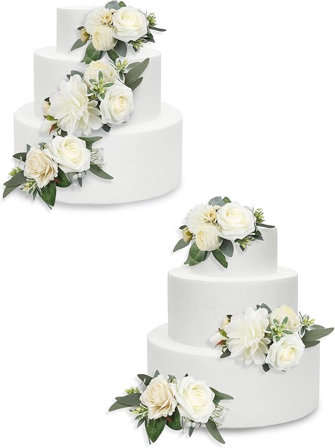 Rinlong 3Pcs Pre-made Cake Flowers Toppers White Green Cake Decorations Wedding Cake Decorating Flowers Decor Birthday Baptism Party Cake Topper