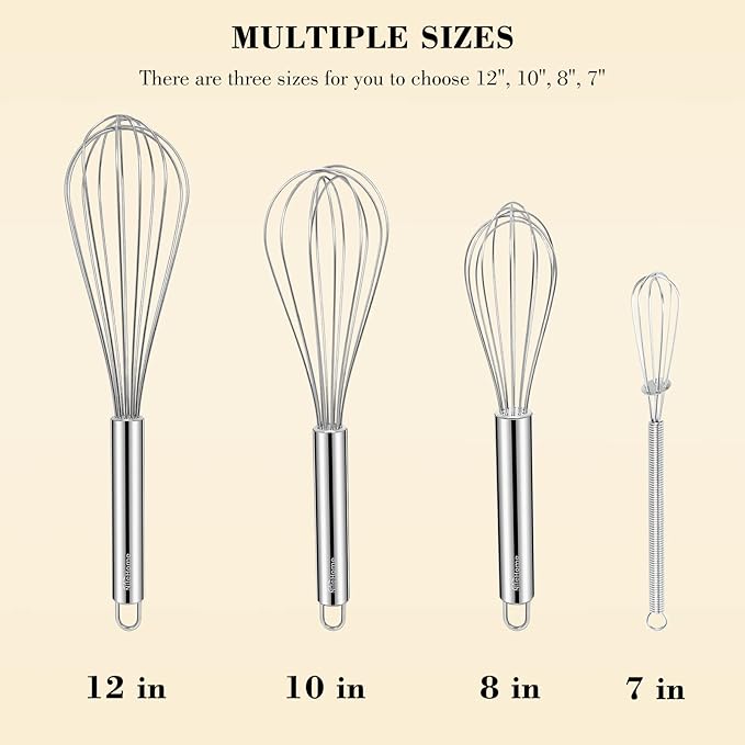 NileHome Stainless Steel Whisk Set 8" 10" 12" Kitchen Whisk Kitchen Wisk Wire Whisks for Cooking, Whisking, Blending, Beating, Stirring-4 Pack