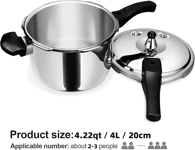Stainless Steel Pressure Cooker, Peterboo 4 Quart Induction Compatible Thickened Pressure Cooker with Spring Valve Safeguard Devices, Compatible with Gas & Induction Cooker 2-3 Members Use
